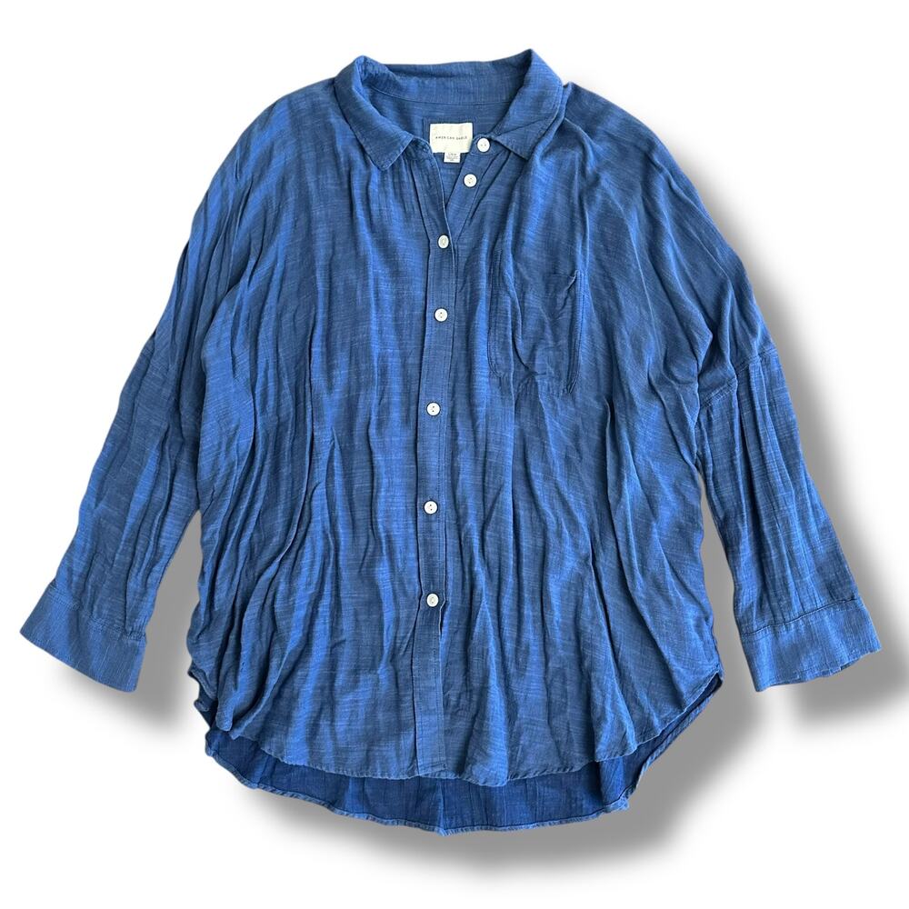 American Eagle Oversized Gauze Button-Up Shirt Women’s Large Blue‎ Cotton Modal